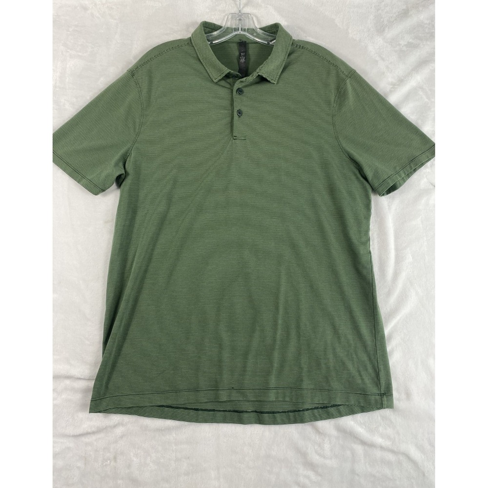 Lululemon Evolution Polo Shirt Men Sz XL Tonka Stripe Rainforest Green Golf